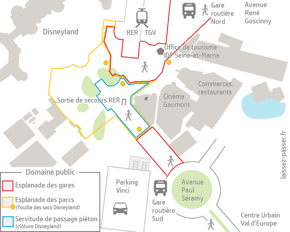 Plan de l'Esplanade Francois Truffaut devant les gares RER et TGV et près des parcs Disneyland Paris